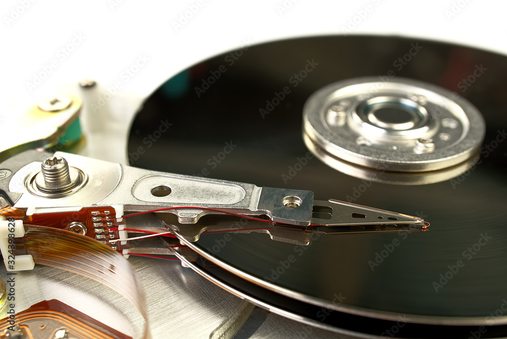 Poster detail of reading - writing head of hard drive. close up inside of hard disk drive - hdd . hard disk