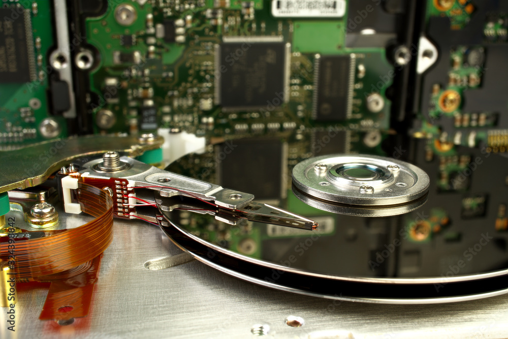 Poster detail of reading - writing head of hard drive. close up inside of hard disk drive - hdd . hard disk