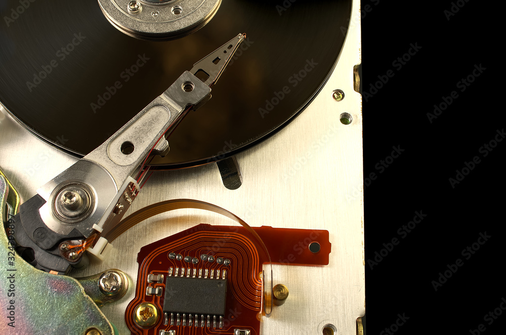 Poster detail of reading - writing head of hard drive. close up inside of hard disk drive - hdd . hard disk