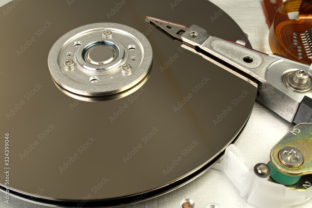Poster detail of reading - writing head of hard drive. close up inside of hard disk drive - hdd . hard disk