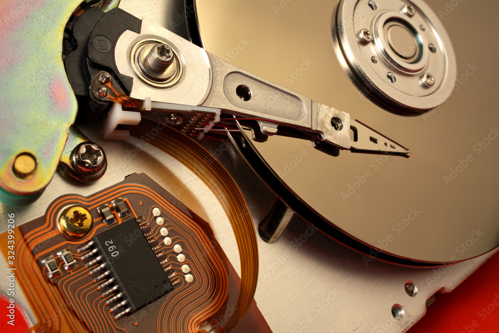 Poster detail of reading - writing head of hard drive. close up inside of hard disk drive hdd . hard disk f
