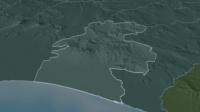 Santa Rosa, department with its capital, zoomed and extruded on the administrative map of Guatemala in the conformal Stereographic projection. Animation 3D