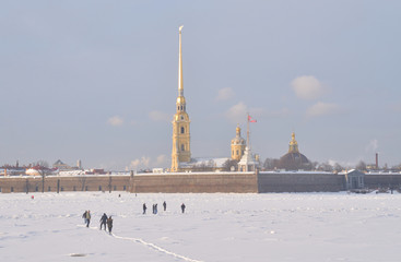 Frozen Neva river and Peter and Paul fortress.