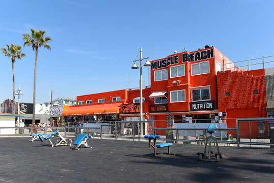 VENICE, CALIFORNIA - 17 FEB 2020: Muscle Beach outdoor gym is the location of the birthplace of the physical fitness boom in the US.