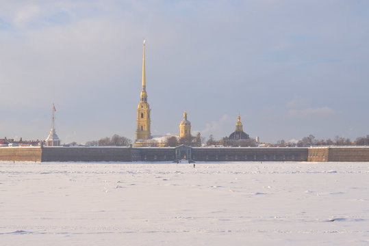 Frozen Neva river and Peter and Paul fortress.