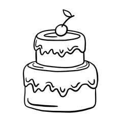Cake. Vector linear illustration. freehand drawing doodles. Birthday cake.