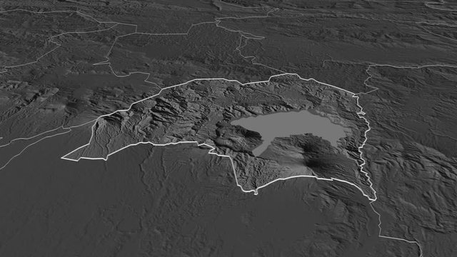 Solol�, department with its capital, zoomed and extruded on the bilevel map of Guatemala in the conformal Stereographic projection. Animation 3D