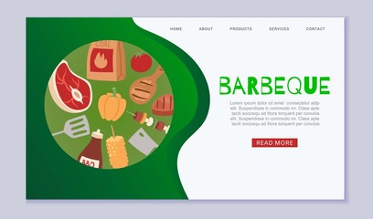 Barbeque cooking web template with grill top view, bbq and grilled food steak, chicken, vegetables, kitchenware utensils vector illustration. Barbeque party web page or landing.