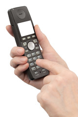 Female hand holds a phone with a blank screen, isolated on white background