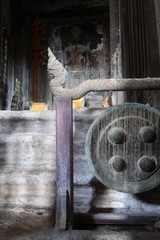 gong in temple, monastery a place of worship for Buddhists, hindu, Buddhism. Vihara, chaitya stupa, pagoda in angkor wat