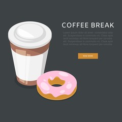 Coffee break or breakfast vector cartoon poster illustration. Coffee time, early good morning english breakfast with donut poster for cafe or street food counter.