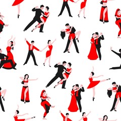 Fototapeta na wymiar Dancers or dancing party seamless pattern, vector illustration. Cartoon dancing couples man and woman isolated on white background. Retro or classic dances tango, waltz or salsa backdrop.