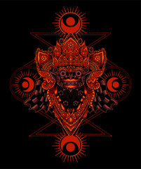 Naklejka premium Barong head glowing red color with geometric background(balinese culture icon)