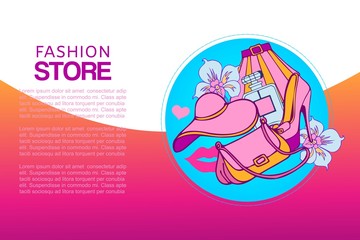 Fashion web store banner, vector illustration. Online shopping banner concept with cartoon clothing, accessories and shoes. Modern fashion for ladies to shop via internet.