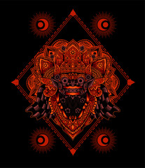 Barong head glowing red color with geometric background(balinese culture icon)