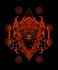 Barong head glowing red color with geometric background(balinese culture icon)