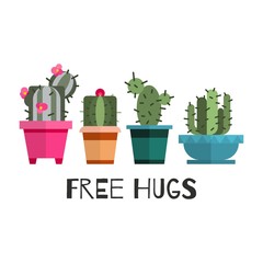 Free hugs cactuses cartoon vector illustration. Banner with cactus and cacti in pots, green home flowers, free hugs with cacti joke cute scandinavian style isolated on white poster.