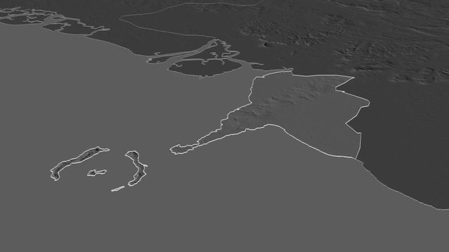 Conakry, region with its capital, zoomed and extruded on the bilevel map of Guinea in the conformal Stereographic projection. Animation 3D