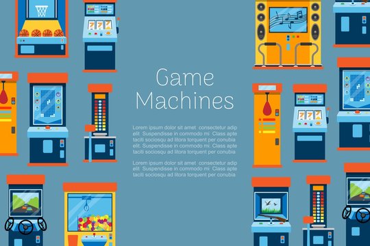 Game Machine Vector Illustration. Arcade Gambling Games, Hunting, Fishing, Boxing And Dancing Where Gamesome Gambler Or Gamer Play In Computer Machinery. Retro Poster.