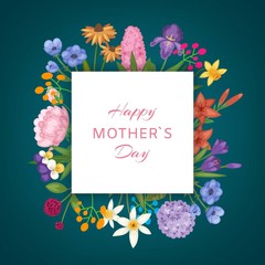 Happy mothers day card with beautiful flowers, rose, hortensia and lilac vector illustration. Blossom flowers frame and quote for mothers day poster.