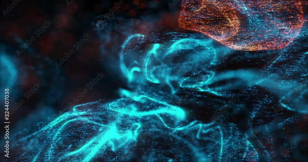 Poster abstract macro slow motion shot of blue and orange particle fluid isolated on black. paint drops mix