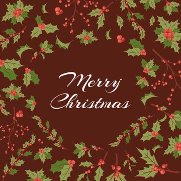 Merry Christmas greeting card with berries and holly, mistletoe twigs cartoon vector illustration card. Merry christmas with mistletoe berry background.