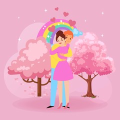 Valentine s Day romantic love couple hugs, cartoon people characters boy and girl lovers and pink blossom tree, hearts, rainbow vector illustration. Valentines day of love hugging girl and boy.