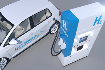 hydrogen logo on gas station. h2 combustion engine for emission free ecofriendly transport.