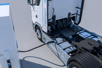 hydrogen logo on gas stations fuel dispenser. h2 combustion Truck engine for emission free...