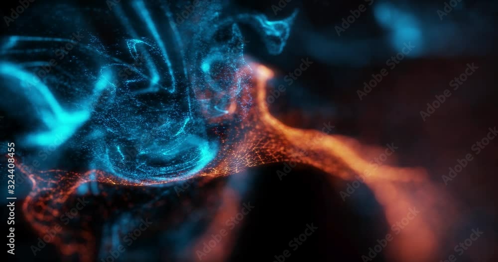 Aufkleber abstract macro slow motion shot of blue and orange particle fluid isolated on black. paint drops mix