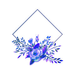 Obraz premium The geometric frame is framed with Blue rose flowers on a white isolated background. Flower poster, invitation. Watercolor compositions for the decoration of greeting cards or invitations.