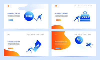 Set of landing page smart business work flat illustration. Businessman try escape from debt