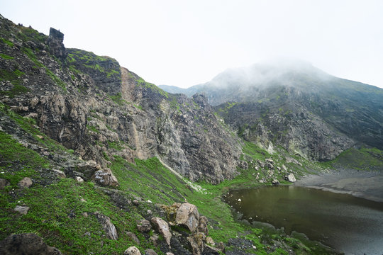 Panorama volcanic landscape of green Caldera Kaba volcano crater in Rejang Lebong, Bengkulu, Indonesia.