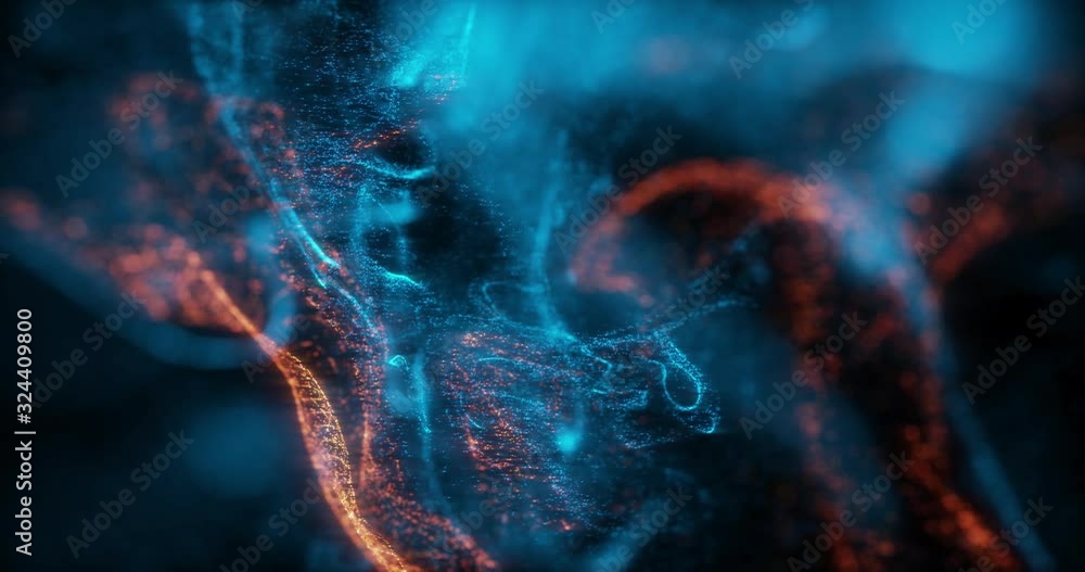 Poster abstract macro slow motion shot of blue and orange particle fluid isolated on black. paint drops mix