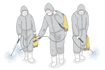 A man in a protective suit conducts disinfection. Specialist clothing protecting from chemical poisoning in the industry and treatment with insecticides.