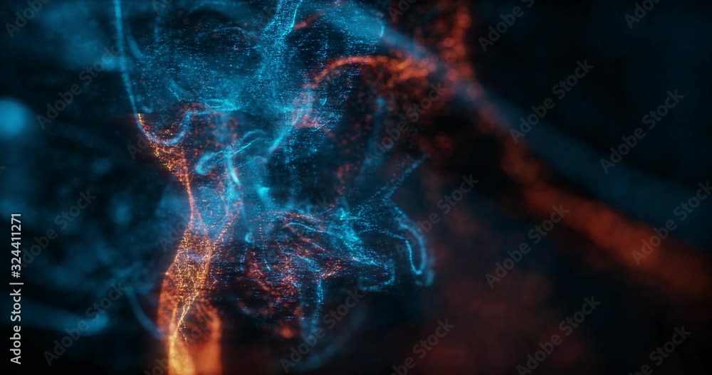 Aufkleber abstract macro slow motion shot of blue and orange particle fluid isolated on black. paint drops mix