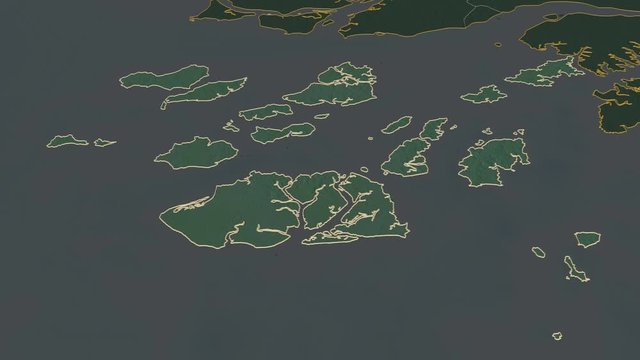Bolama, region with its capital, zoomed and extruded on the relief map of Guinea Bissau in the conformal Stereographic projection. Animation 3D