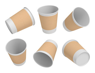 Coffee cup. Set of six opened cup. Takeout drinks, morning coffee. Isolated on a white. 3d rendering