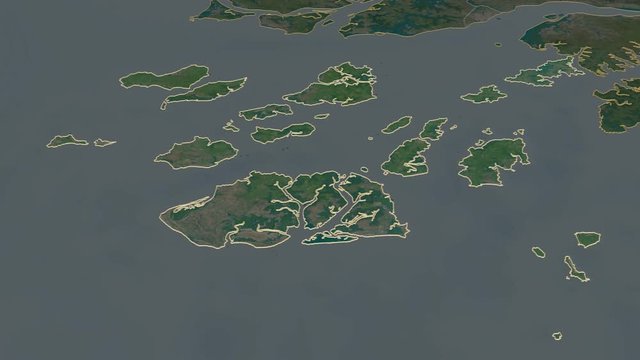 Bolama, region with its capital, zoomed and extruded on the satellite map of Guinea Bissau in the conformal Stereographic projection. Animation 3D