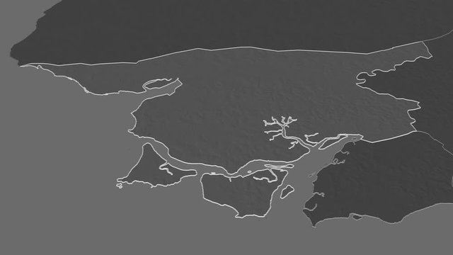 Cacheu, region with its capital, zoomed and extruded on the bilevel map of Guinea Bissau in the conformal Stereographic projection. Animation 3D