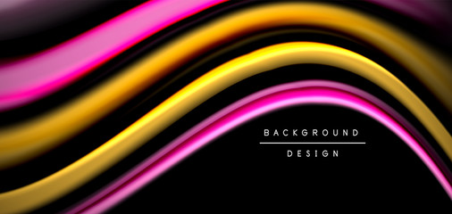 Abstract silk smooth lines on black, multicolored liquid fluid rainbow style waves on black