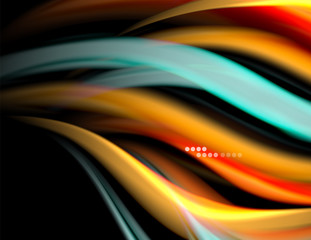 Silk smooth lines on black, liquid fluid color waves. Vector Illustration
