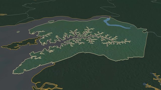 Quinara, region with its capital, zoomed and extruded on the relief map of Guinea Bissau in the conformal Stereographic projection. Animation 3D