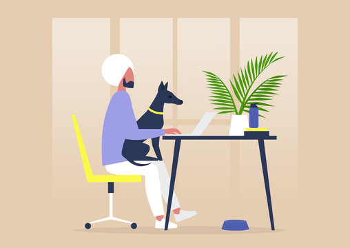 Pet Friendly Office, Young Indian Male Character Working With A Dog On Their Lap