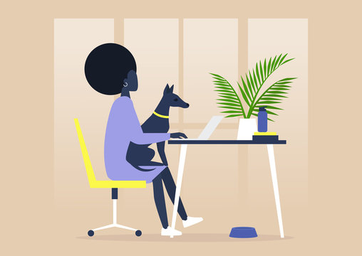 Pet friendly office, young black female character working with a dog on their lap