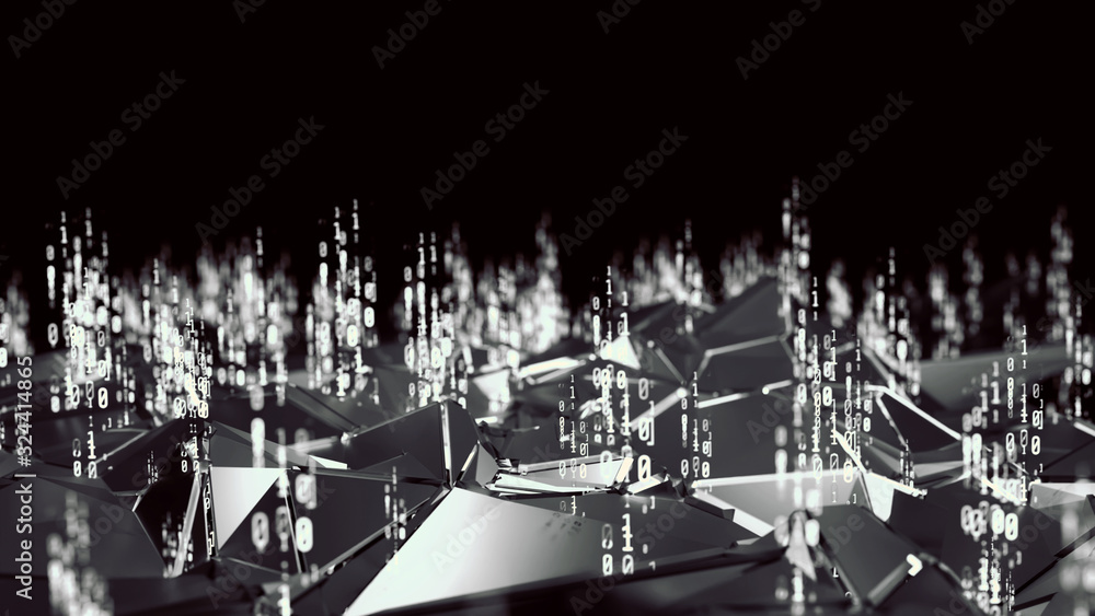 Poster 3d rendering of black glossy geometry plates led glowing lights and binary data. halftone color. con