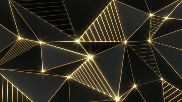 Geometric gold lines loop. Abstract triangles, black background. Low polygon animation. Metallic, luxury, shiny. Other colours available in my portfolio.