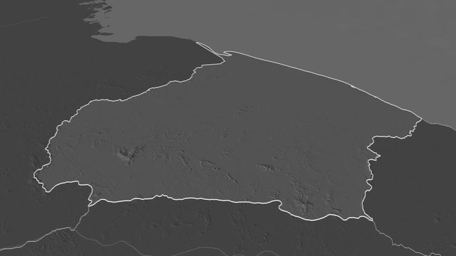 Barima-Waini, region with its capital, zoomed and extruded on the bilevel map of Guyana in the conformal Stereographic projection. Animation 3D