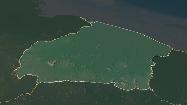 Barima-Waini, region with its capital, zoomed and extruded on the relief map of Guyana in the conformal Stereographic projection. Animation 3D