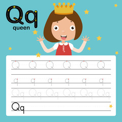 Alphabet tracing worksheet for preschool and kindergarten to improve basic writing skills, letter Q, queen, vector, illustration 